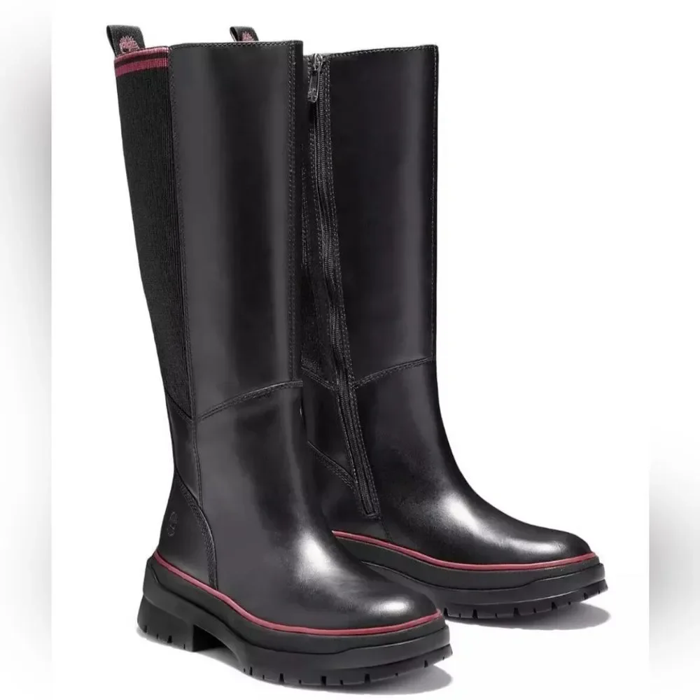 NEW Timberland Malynn Waterproof Tall Black Leather Zip Boots Women's Size 6.5